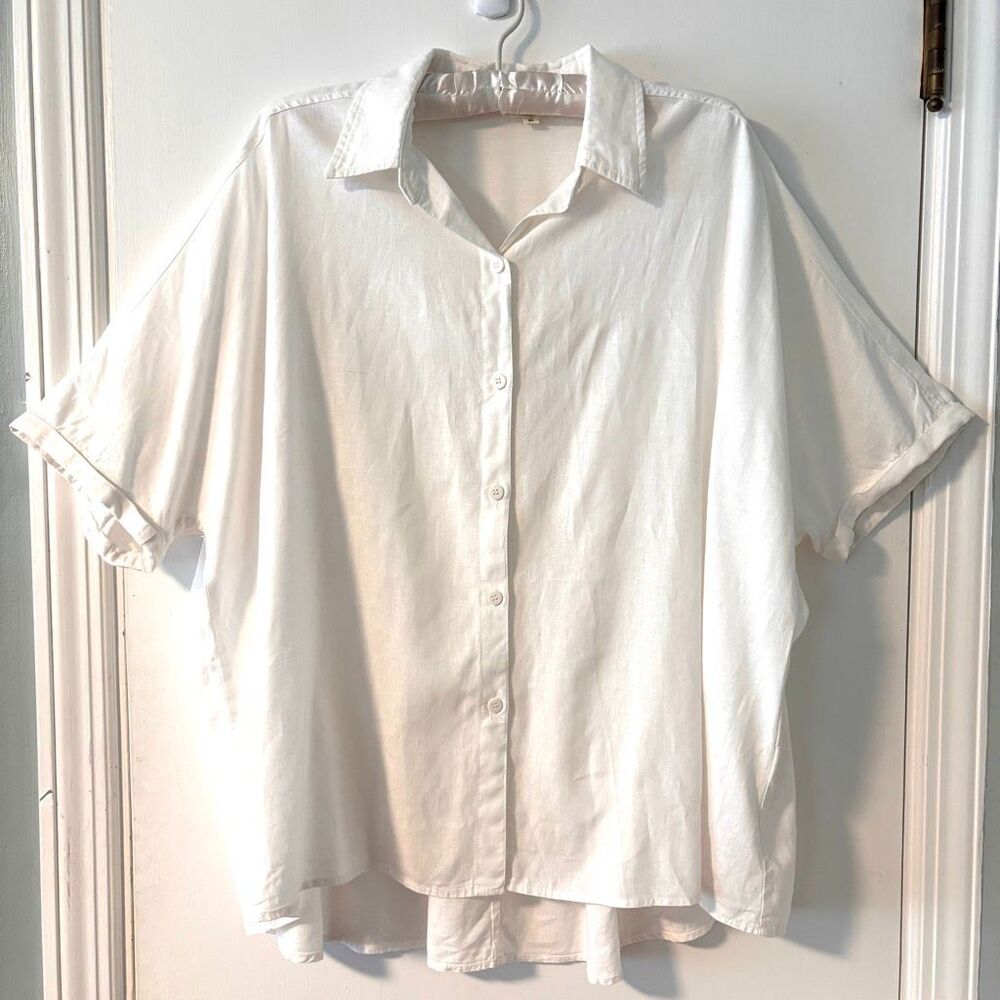 Max Studio London XL flowy white linen rayon blend button blouse shirt
